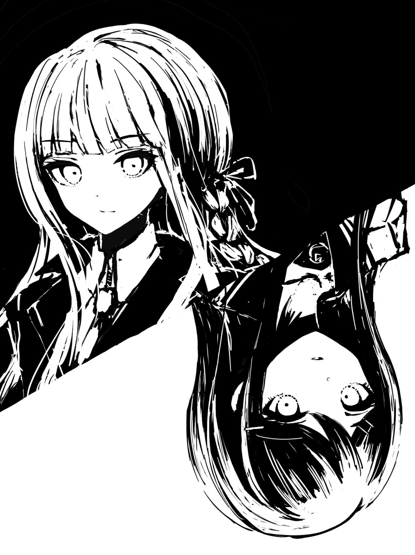 2girls absurdres bangs black_background braid collared_shirt danganronpa:_trigger_happy_havoc danganronpa_(series) greyscale hair_ribbon highres kirigiri_kyouko kyua_moto long_hair looking_at_viewer maizono_sayaka monochrome multiple_girls parted_lips ribbon shirt split_screen teeth upside-down white_background