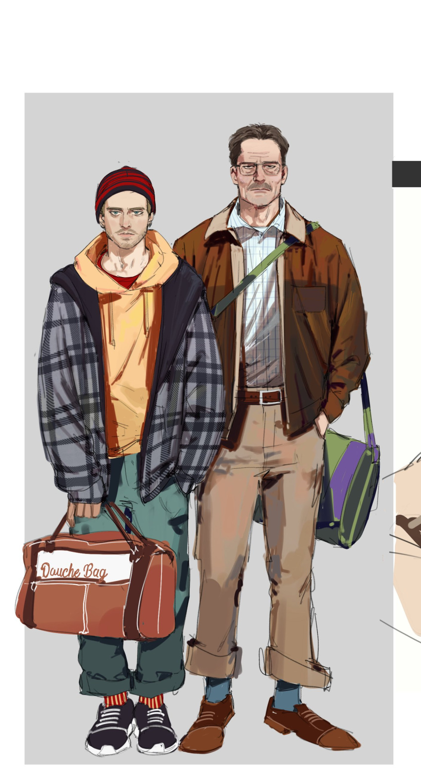 2boys absurdres bag beanie breaking_bad colart606 facial_hair full_body glasses hat highres jacket jesse_pinkman multiple_boys standing walter_white