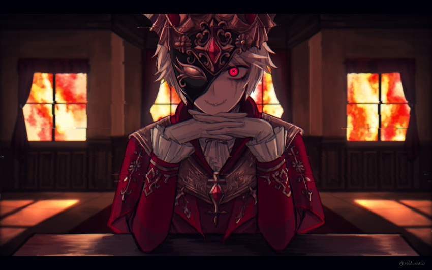 1boy chromatic_aberration closed_mouth curtains desk doki_doki_literature_club elbows_on_table frilled_sleeves frills glitch gloves half_mask identity_v interlocked_fingers letterboxed long_sleeves looking_at_viewer male_focus mask parody pov_across_table red_eyes short_hair sitting smile stitched_mouth stitches sunset symbol-shaped_pupils tendenbarabara twitter_username upper_body victor_grantz victor_grantz_(the_embrace) white_gloves white_hair wide-eyed window x-shaped_pupils