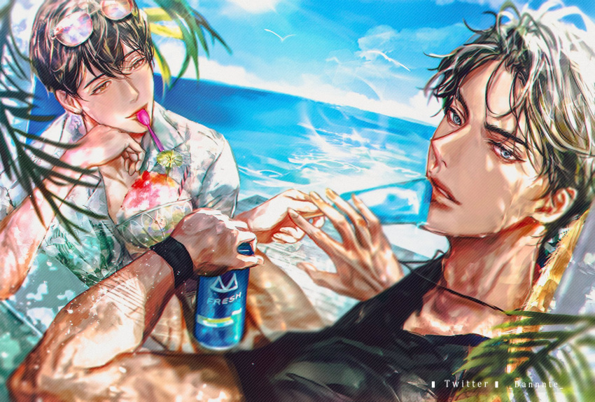 2boys artist_name beach black_eyes black_hair black_shirt brown_eyes can dante_(_dannnte_) dok-ja_kim drinking_straw eyewear_on_head feeding food hand_on_own_chin hat hawaiian_shirt highres holding holding_food joonghyuk_yoo korean_commentary lens_flare looking_at_another looking_at_viewer mouth_hold multiple_boys ocean omniscient_reader's_viewpoint parted_lips popsicle shaved_ice shirt short_hair short_sleeves straw_hat sun sunlight sweat
