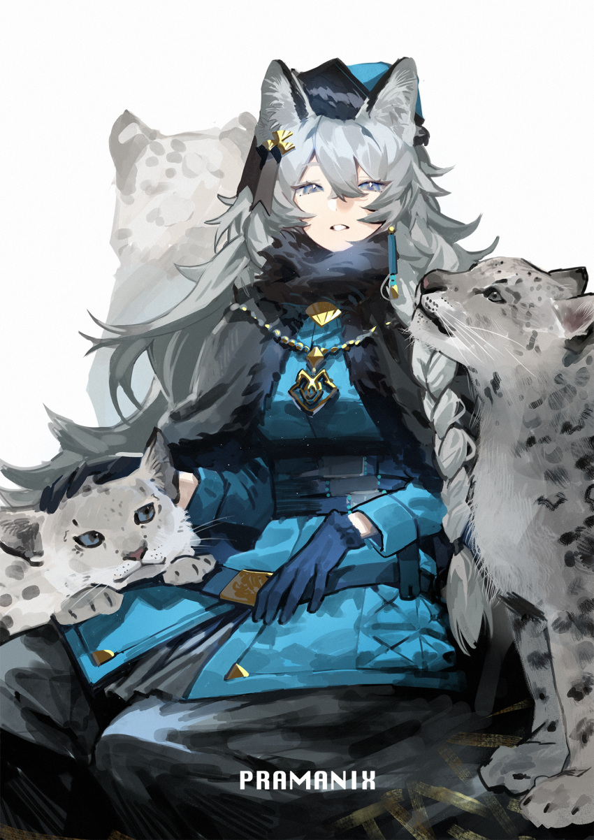 1girl animal_ear_fluff animal_ears arknights bangs blue_coat blue_eyes blue_gloves blue_headwear braid capelet character_name coat commentary fur-trimmed_capelet fur_trim gloves gold_necklace grey_hair hair_between_eyes hair_ornament hand_on_animal highres jewelry leopard_ears leopard_girl long_hair long_sleeves looking_at_viewer necklace official_alternate_costume parted_lips pekopeco petting pramanix_(arknights) pramanix_(caster's_frost)_(arknights) single_braid sitting snow_leopard solo