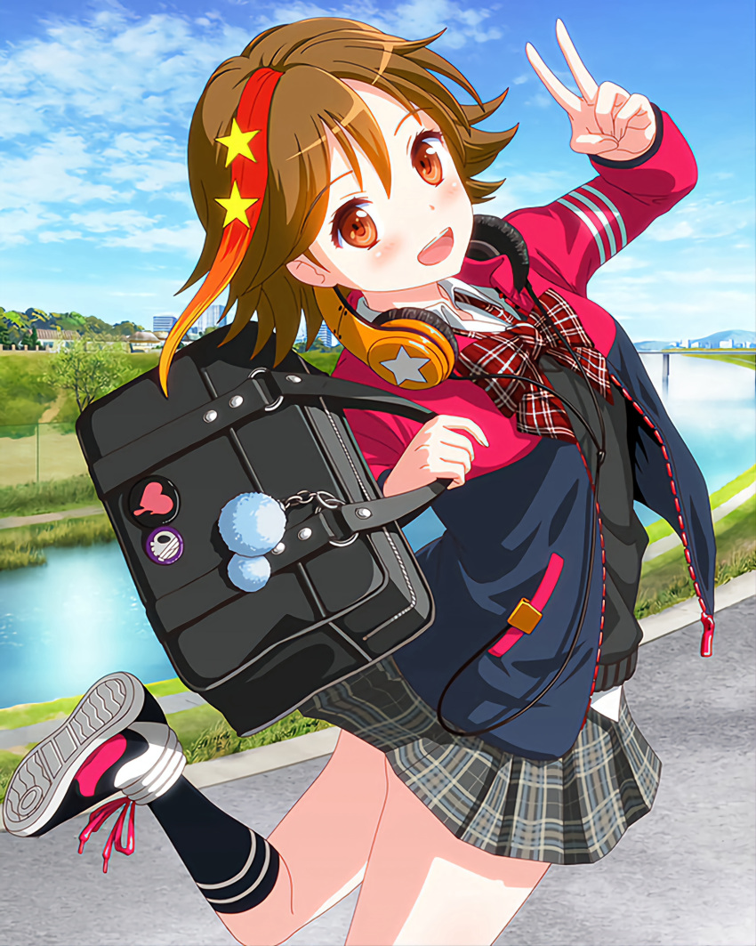 1girl :d absurdres bag bag_charm black_shirt black_socks blue_sky bow brown_hair charm_(object) clouds day hair_ornament headphones headphones_around_neck highres holding holding_bag idol_wars_z jacket jpeg_artifacts looking_at_viewer multicolored_hair outdoors plaid plaid_bow plaid_skirt red_bow redhead school_bag school_uniform shirt shoes short_hair skirt sky smile sneakers socks star_(symbol) star_hair_ornament streaked_hair third-party_source twisted_torso v water yaotome_fuka