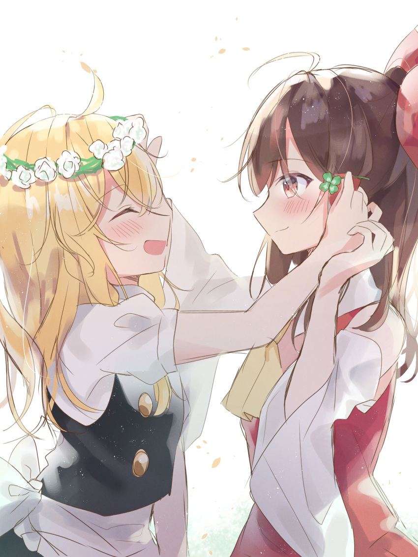 2girls absurdres ahoge alternate_headwear ascot back_bow bare_shoulders black_skirt black_vest blonde_hair blush bow brown_eyes brown_hair closed_eyes closed_mouth clover collared_vest detached_sleeves flower hair_bow hakurei_reimu happy head_wreath hidukihumi highres kirisame_marisa long_hair long_sleeves medium_hair multiple_girls puffy_short_sleeves puffy_sleeves red_bow red_skirt red_vest shirt short_sleeves skirt touhou turtleneck vest waist_bow white_bow white_flower white_shirt white_sleeves wide_sleeves yellow_ascot