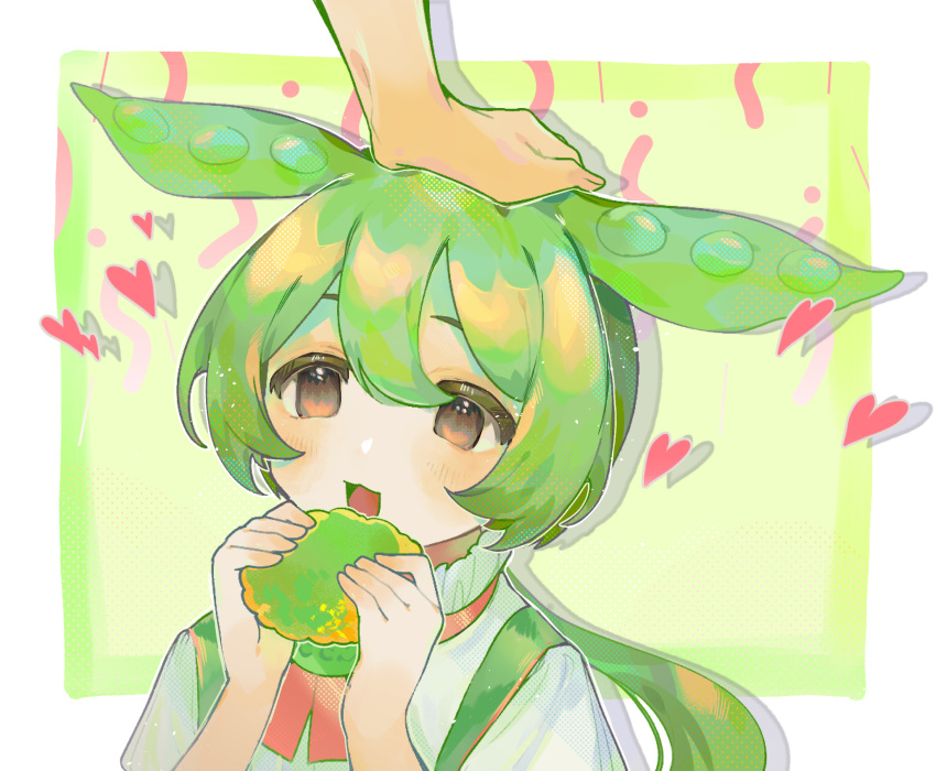 :3 child green_eyes green_hair headpat heart highres holding kyomunohi overalls voicevox zundamon