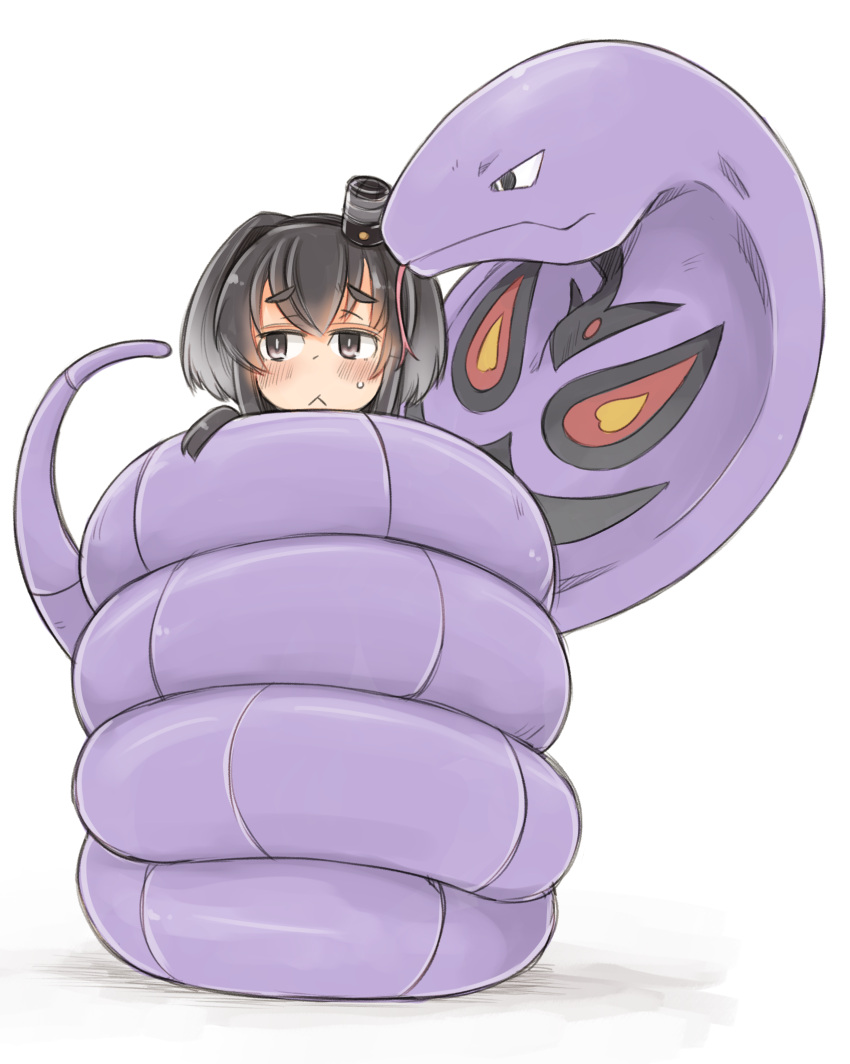 1girl :&lt; arbok black_hair brown_eyes cobra_(animal) commentary_request commission constriction crossover enjaku_izuku hat highres kantai_collection mini_hat pokemon pokemon_(creature) short_hair short_hair_with_long_locks sidelocks simple_background skeb_commission smokestack_hair_ornament snake snake_bondage thick_eyebrows tokitsukaze_(kancolle) white_background