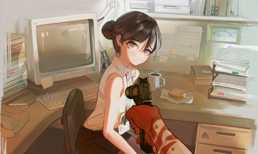 1girl absurdres bare_shoulders binder brown_eyes brown_hair brown_skirt chair closed_mouth collared_shirt crt desk earrings food food_bite gun hair_bun hand_tattoo handgun highres holding holding_gun holding_weapon id_card indoors jewelry keyboard_(computer) lanyard looking_at_viewer miniskirt monitor office office_lady original polilla pov pov_hands sandwich shirt single_hair_bun skirt sleeveless sleeveless_shirt smile solo_focus sticky_note stud_earrings tattoo weapon wing_collar