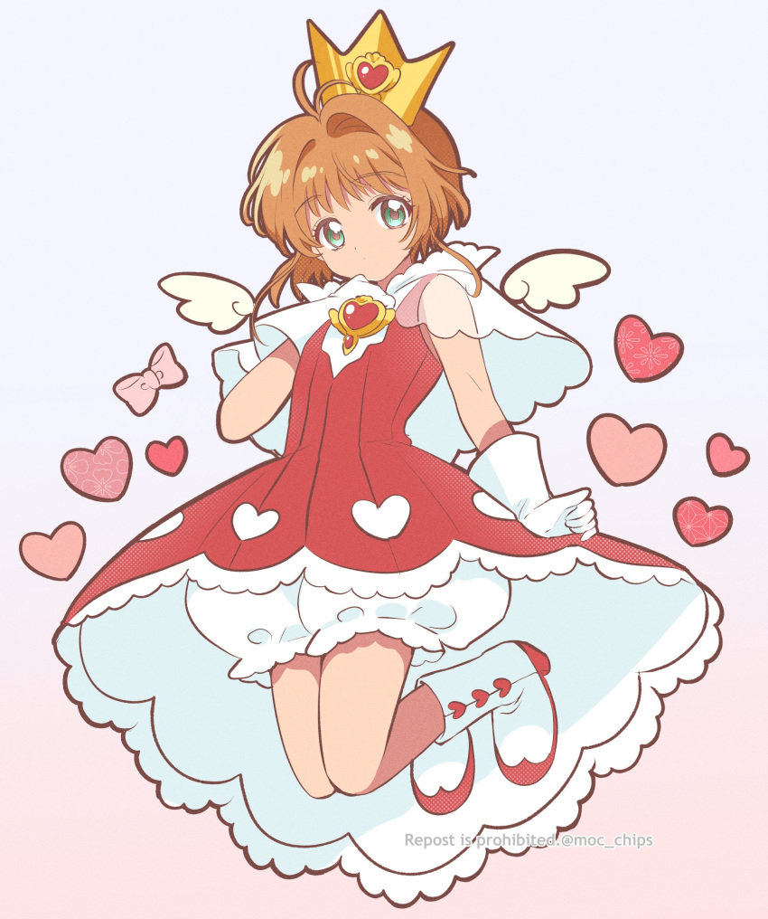 1girl absurdres antenna_hair bloomers boots brown_hair cardcaptor_sakura crown dress full_body gloves gradient gradient_background green_eyes heart highres kinomoto_sakura looking_at_viewer magical_girl mokku_(ak0207) red_dress short_hair solo underwear white_footwear white_gloves wings