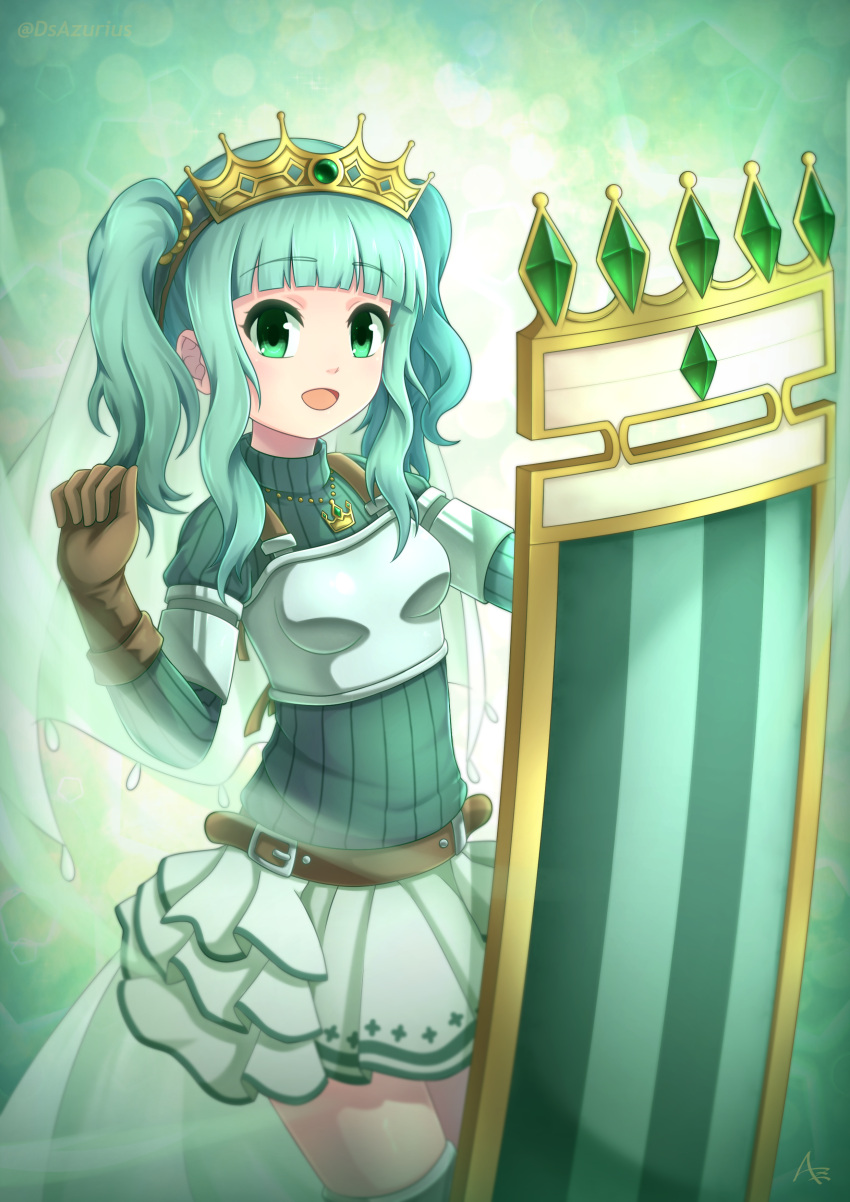 1girl :d absurdres aqua_hair aqua_sweater armor bangs belt blunt_bangs breastplate brown_belt brown_gloves clenched_hand cowboy_shot crown dsazurius fold-over_gloves frilled_skirt frills futaba_sana gem gloves green_background green_eyes green_gemstone hand_up highres jewelry long_sleeves looking_at_viewer magia_record:_mahou_shoujo_madoka_magica_gaiden magical_girl mahou_shoujo_madoka_magica miniskirt necklace open_mouth pleated_skirt ribbed_sweater shield sidelocks skirt smile solo sweater turtleneck turtleneck_sweater twintails veil waist_cape wavy_hair white_skirt zettai_ryouiki