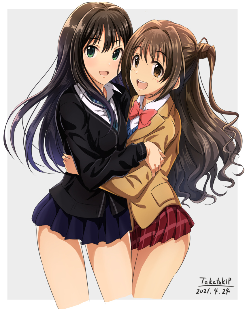 2021 2girls :d absurdres black_cardigan black_hair blue_skirt blue_sweater border bow bowtie brown_eyes brown_hair brown_jacket cardigan collared_shirt cropped_legs dated green_eyes grey_background highres idolmaster idolmaster_cinderella_girls jacket long_hair long_sleeves looking_at_viewer miniskirt multiple_girls necktie open_mouth pink_bow pink_bowtie plaid plaid_skirt pleated_skirt red_skirt school_uniform shibuya_rin shimamura_uzuki shiny shiny_hair shirt skirt smile striped_necktie sweater takatsuki_p very_long_hair white_border white_shirt wing_collar