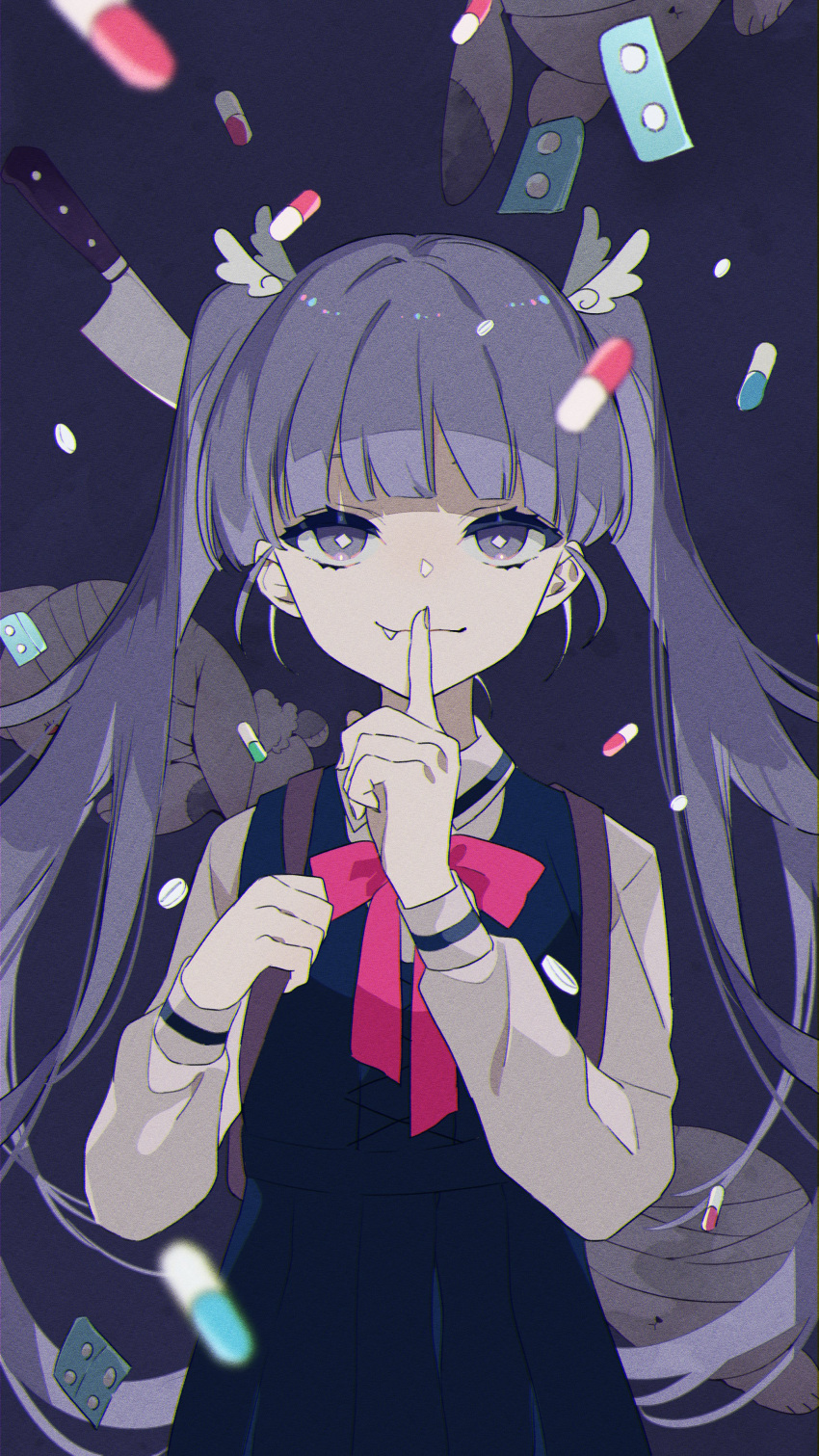 1girl absurdres bangs blunt_bangs collared_shirt diamond-shaped_pupils diamond_(shape) fang highres index_finger_raised knife long_hair long_sleeves looking_at_viewer official_art omutatsu pill puffy_long_sleeves puffy_sleeves shirt solo symbol-shaped_pupils tuyu_(band) twintails wing_hair_ornament