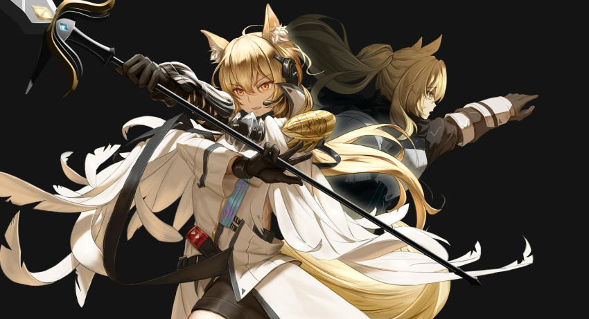 2girls absurdres ahoge animal_ear_fluff animal_ears arknights armor bangs black_background black_gloves black_shorts blemishine_(arknights) breastplate brown_eyes commentary_request crossed_arms elbow_gloves fuann gloves hair_between_eyes headset highres holding holding_polearm holding_weapon horse_ears horse_girl horse_tail jacket long_hair long_sleeves multiple_girls nearl_(arknights) polearm ponytail profile red_eyes short_shorts shorts simple_background spear tail very_long_hair weapon white_jacket wide_sleeves