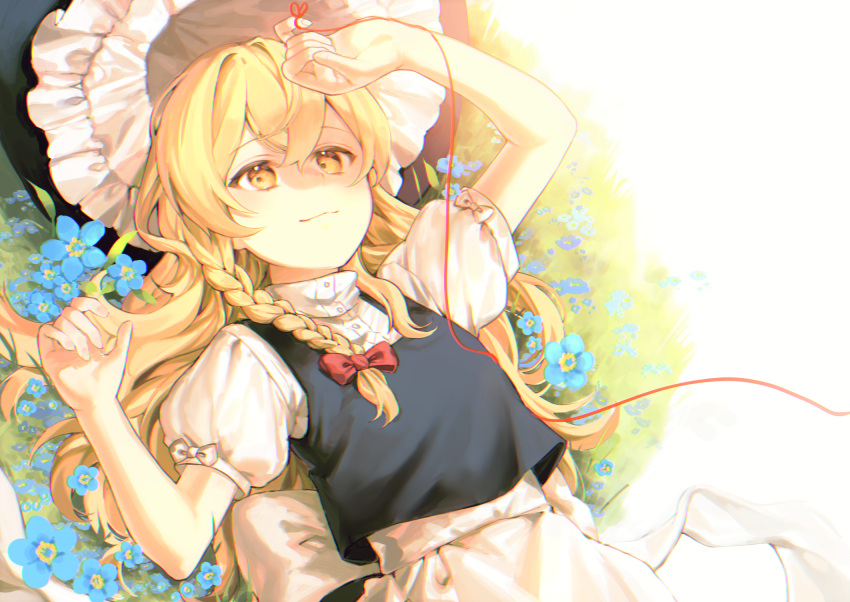 1girl apron bangs black_dress blonde_hair blue_flower bow chromatic_aberration closed_mouth dress flower grass hair_between_eyes hand_up hat highres jill_07km kirisame_marisa long_hair red_bow short_sleeves short_twintails smile solo string string_of_fate sunlight touhou twintails white_apron white_sleeves witch_hat yellow_eyes