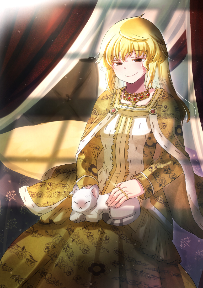1girl absurdres ahoge bed bedroom blonde_hair breasts brown_eyes cape cat colored_eyelashes cowlick gem highres indoors isabeau_de_baviere_(madoka_magica) jewelry large_breasts long_hair long_sleeves looking_at_animal magia_record:_mahou_shoujo_madoka_magica_gaiden mahou_shoujo_madoka_magica mahou_shoujo_tart_magica mature_female messy_hair necklace petting pillow queen ring royal_robe shimotsukishin sitting smile wavy_hair