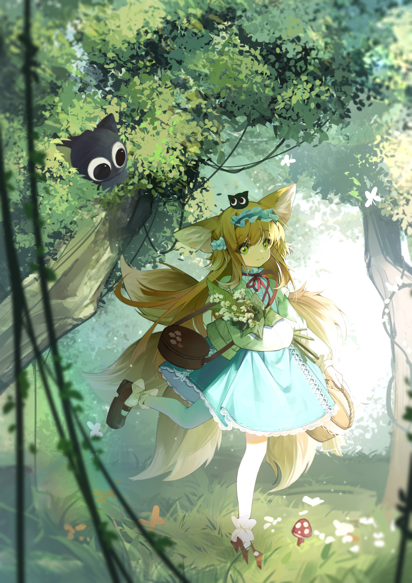 1girl absurdres animal_ear_fluff animal_ears arknights bag bangs blonde_hair blue_hairband blue_skirt bouquet brown_footwear closed_mouth crossover day flower fox_ears fox_girl fox_tail frilled_hairband frills green_eyes hair_between_eyes hairband heixiu highres jacket kitsune long_hair long_sleeves looking_at_viewer neck_ribbon object_hug on_head open_clothes open_jacket outdoors pantyhose puffy_long_sleeves puffy_sleeves red_ribbon ribbon shirt shoes shoulder_bag skirt smile standing standing_on_one_leg suyi-j suzuran_(arknights) suzuran_(spring_praise)_(arknights) tail the_legend_of_luo_xiaohei tree very_long_hair white_flower white_jacket white_pantyhose white_shirt