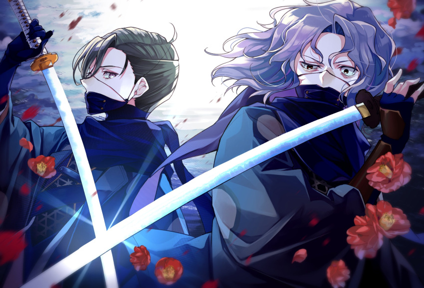 2boys ahoge arm_guards bangs black_hair blue_gloves blue_scarf brown_eyes camellia crossed_swords fate/grand_order fate_(series) fingerless_gloves flower gloves grey_eyes hair_pulled_back haori highres holding holding_sword holding_weapon ichino_tomizuki japanese_clothes katana kimono looking_at_viewer male_focus mask medium_hair motion_blur mouth_mask multiple_boys parted_bangs petals purple_hair red_flower saitou_hajime_(fate) saitou_hajime_(third_ascension)_(fate) scarf sideways_glance sword uneven_eyes upper_body wavy_hair weapon yamanami_keisuke_(fate)
