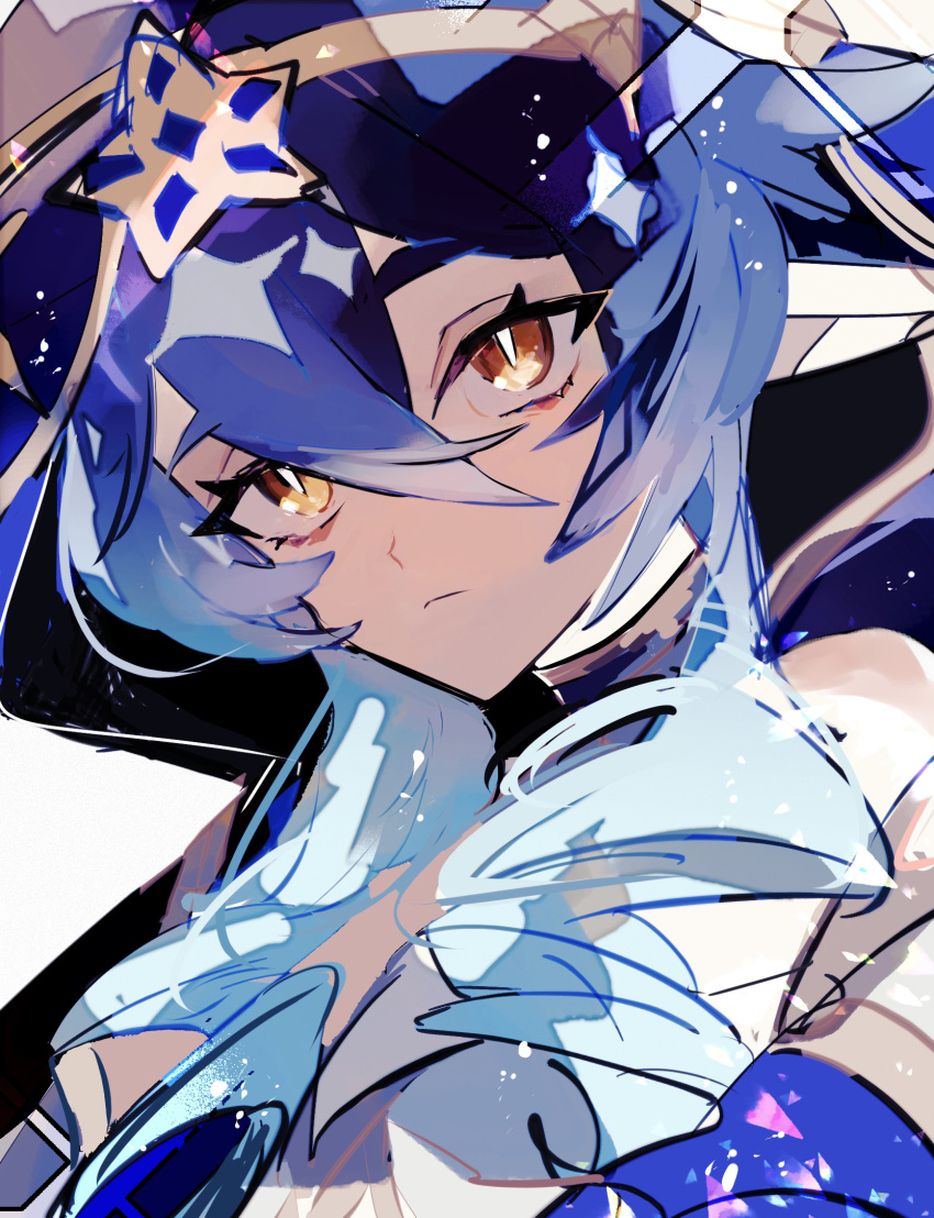 1girl blue_hair bright_pupils drill_hair expressionless genshin_impact hair_between_eyes hair_over_shoulder highres hood hood_up layla_(genshin_impact) long_hair looking_at_viewer loomyoi2 pointy_ears portrait solo star_(symbol) star_print white_background white_pupils yellow_eyes