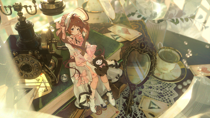 1girl absurdres ace_of_hearts ambience_synesthesia animal arknights bonnet book boots bow bowtie brown_hair dress eyjafjalla_(arknights) full_body heart highres holding holding_animal kneehighs long_hair looking_at_viewer mirror official_alternate_costume oversized_object phone pink_bow pink_bowtie pink_dress pink_eyes rhodes_island_logo rotary_phone sheep sitting socks solo toto_(caaaaarrot) twintails very_long_hair white_footwear white_headwear white_socks