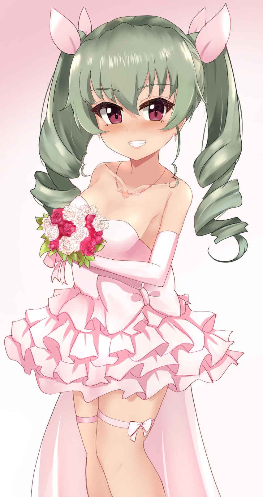 1girl absurdres anchovy_(girls_und_panzer) bare_shoulders blush bouquet breasts collarbone dress drill_hair elbow_gloves frilled_dress frills girls_und_panzer gloves green_hair grin hair_ribbon highres holding holding_bouquet jewelry kurokimono001 long_hair looking_at_viewer necklace pink_dress pink_gloves red_eyes ribbon shiny shiny_hair small_breasts smile solo twin_drills twintails
