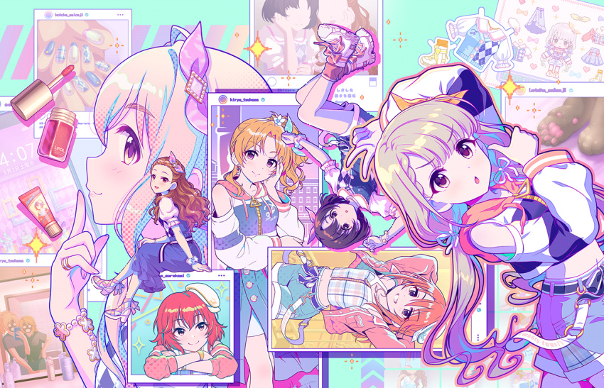 6+girls :d :o animal_hands arms_behind_head bare_shoulders black_hair blonde_hair bobby_socks brown_hair checkered_clothes denim denim_shorts finger_to_mouth hisakawa_nagi idolmaster idolmaster_cinderella_girls idolmaster_cinderella_girls_starlight_stage kiryu_tsukasa_(idolmaster) lipstick long_hair looking_at_viewer low_twintails makeup multiple_girls murakami_tomoe nail_polish navel official_art orange_hair pink_hair red_footwear redhead ribbon saionji_kotoka sandals seki_hiromi selfie shiragiku_hotaru shoes short_hair shorts smile sneakers socks thumbs_up twintails v wavy_hair yuuki_haru