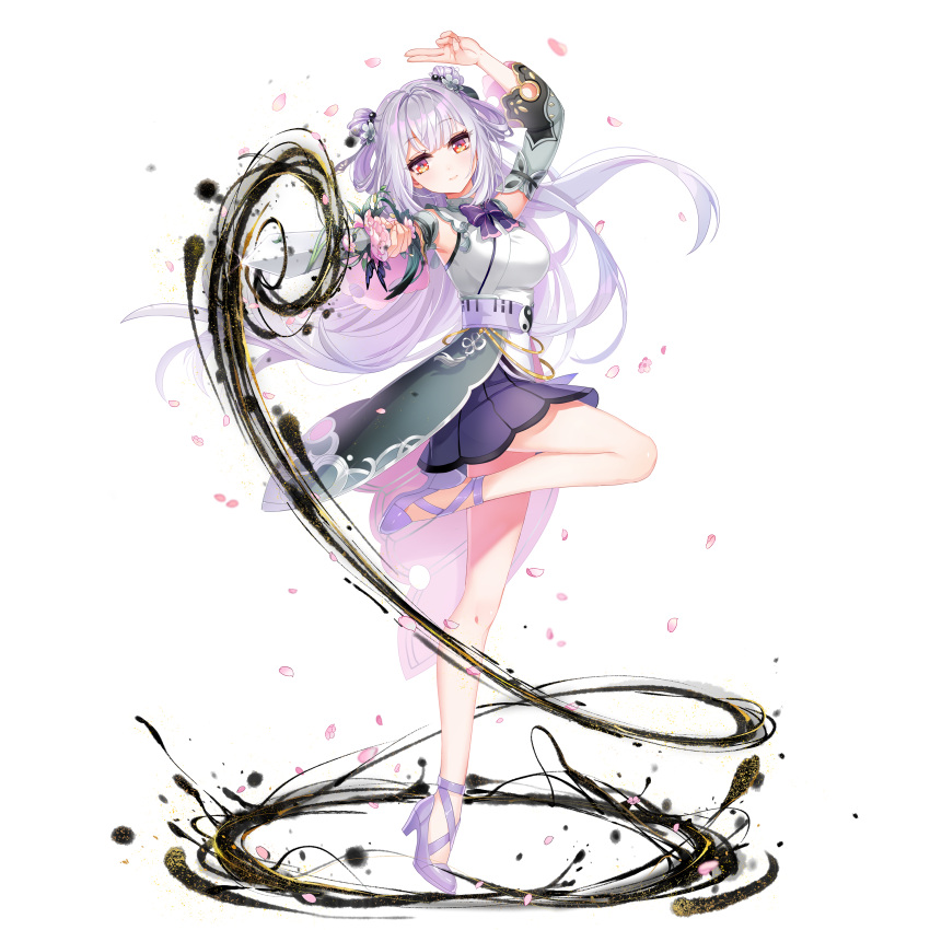 1girl absurdres arm_up armpits bare_legs bare_shoulders bow bowtie chinese_clothes chinese_knot closed_mouth detached_sleeves double_bun falling_petals floating_hair flower from_side full_body grey_flower grey_sleeves hair_bun hair_flower hair_ornament high_heels highres holding holding_sword holding_weapon ink jian_(weapon) long_hair looking_at_viewer looking_to_the_side miniskirt nebula_beat official_art outstretched_arm petals pink_flower pointing pointing_at_viewer pointing_sword purple_bow purple_bowtie purple_footwear purple_hair purple_skirt red_eyes shirt skirt sleeveless sleeveless_shirt smile solo sparkle standing standing_on_one_leg sword tang_jiuxia tassel tiptoes very_long_hair virtual_youtuber weapon white_background white_shirt wide_sleeves yin_yang