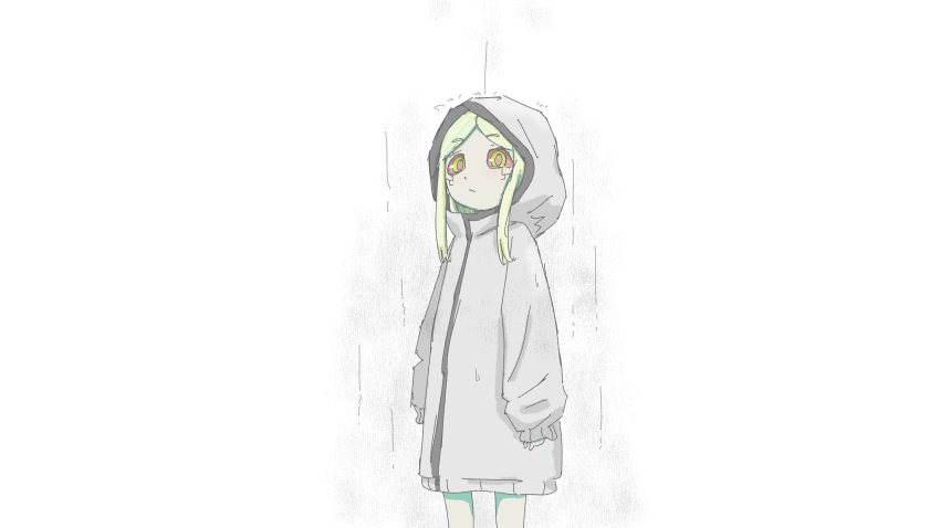 1girl absurdres closed_mouth cyberpunk_(series) cyberpunk_edgerunners english_commentary green_hair grey_raincoat highres hood long_sleeves rain raincoat rebecca_(cyberpunk) red_eyes sleeves_past_wrists solo tharwan white_background