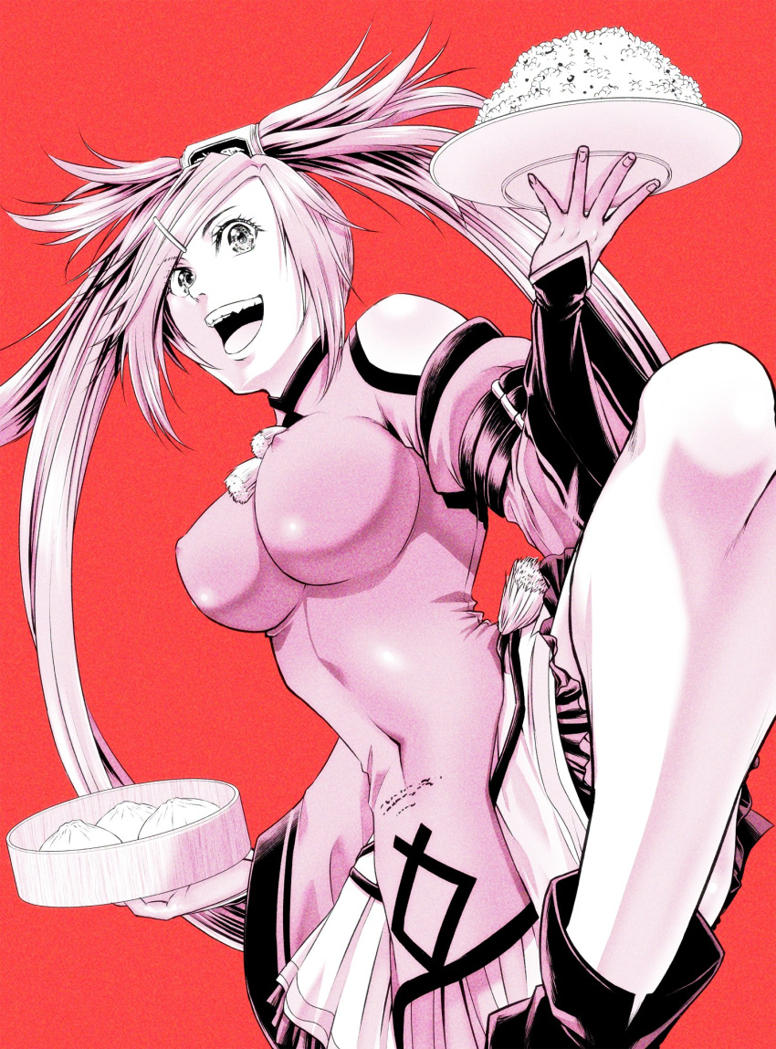 1girl an'no_natsume baozi breasts china_dress chinese_clothes covered_navel detached_sleeves dress food greyscale guilty_gear guilty_gear_xrd hair_ornament hair_ring hairclip highres impossible_clothes impossible_dress kuradoberi_jam large_breasts monochrome open_mouth red_background rice smile solo standing standing_on_one_leg twintails