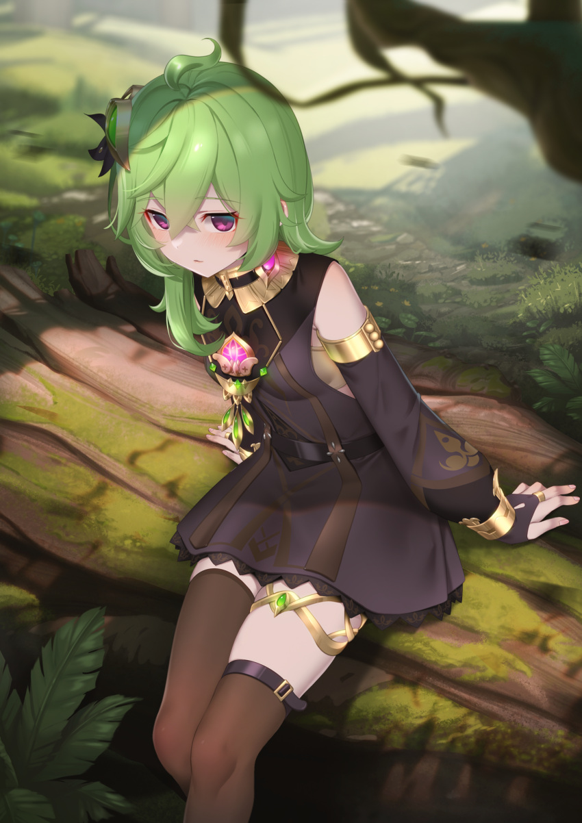 1girl arm_support asymmetrical_legwear bandeau belt black_dress black_gloves black_thighhighs breasts bridal_gauntlets brooch closed_mouth collei_(genshin_impact) commentary_request day detached_sleeves dress earrings genshin_impact gloves grass green_hair hair_ornament highres jewelry long_sleeves looking_afar meda medium_breasts outdoors puffy_long_sleeves puffy_sleeves shade single_earring sitting skindentation slim_legs small_breasts solo thigh-highs thigh_belt thigh_strap thighlet thighs tree uneven_legwear violet_eyes