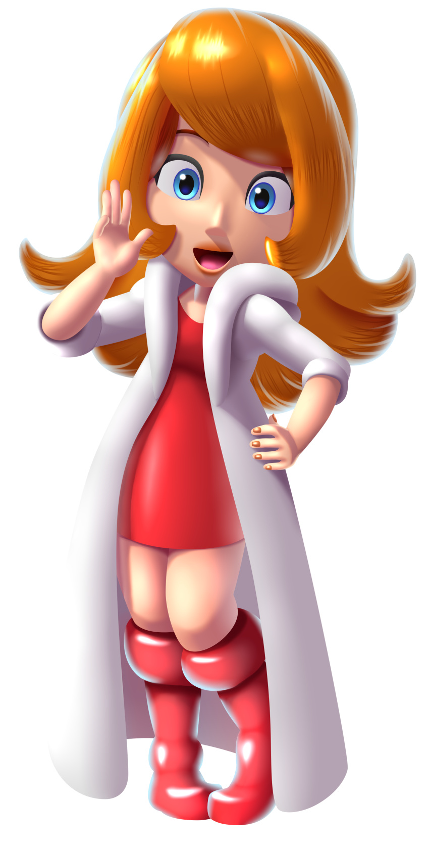 absurdres blue_eyes bodycon boots coat dress full_body highres long_hair looking_at_viewer mona_(warioware) open_mouth orange_hair red_dress red_footwear red_nails smile transparent_background warioware white_coat