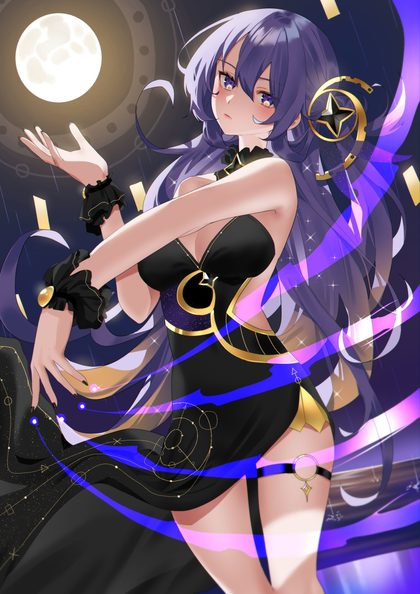 1girl absurdres alternate_costume black_dress black_nails breasts dress full_moon hair_ornament hievasp highres hololive hololive_indonesia large_breasts light_trail long_hair moon moona_hoshinova purple_hair strapless strapless_dress thigh_strap violet_eyes virtual_youtuber wrist_cuffs