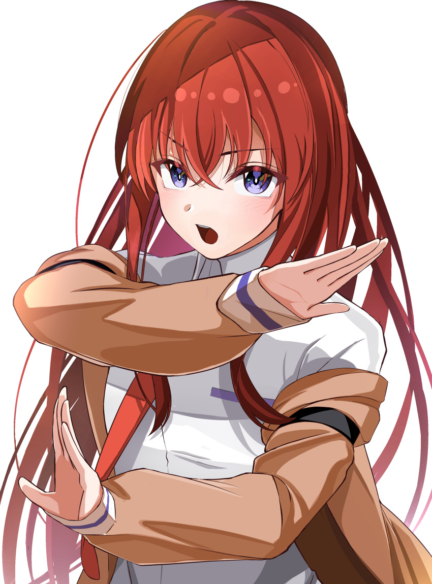 1girl absurdres ajimi07 bangs blue_eyes breast_pocket brown_jacket dress_shirt hair_between_eyes highres jacket long_hair long_sleeves makise_kurisu necktie open_clothes open_jacket open_mouth pocket red_necktie redhead shiny shiny_hair shirt simple_background solo steins;gate straight_hair upper_body very_long_hair white_background white_shirt