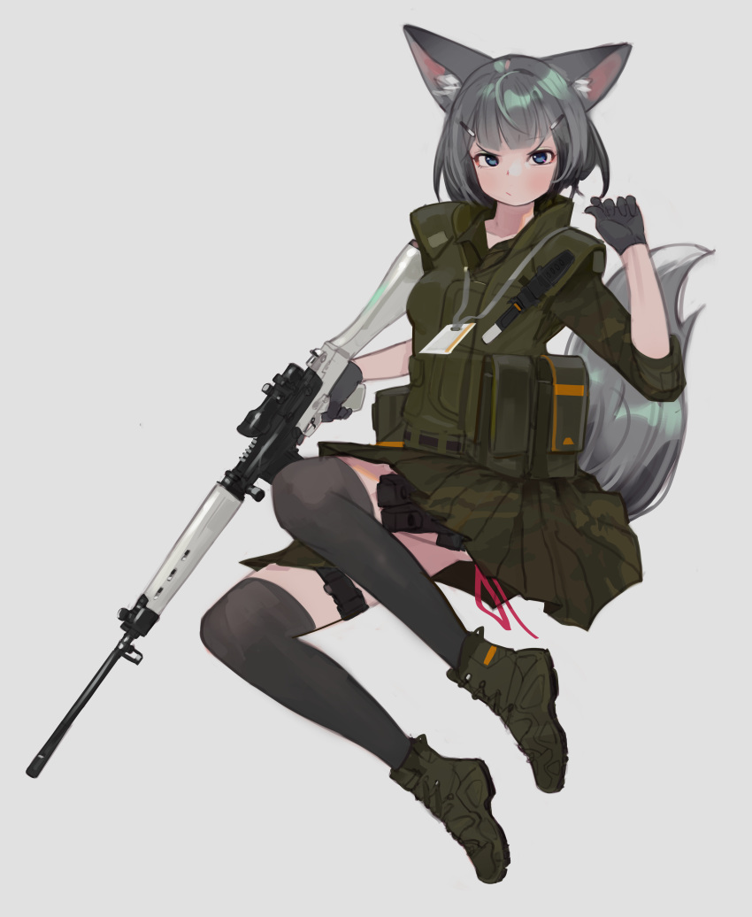 absurdres animal_ear_fluff animal_ears assault_rifle blue_eyes boots breasts camouflage camouflage_jacket camouflage_skirt closed_mouth dagger fox_ears fox_tail full_body gloves green_footwear green_jacket green_skirt grey_background grey_gloves grey_hair grey_thighhighs gun hair_ornament hairclip hand_up highres holding holding_gun holding_weapon holster jacket knife looking_at_viewer miniskirt original polilla rifle short_hair simple_background skirt small_breasts tail thigh-highs thigh_holster thigh_strap v-shaped_eyebrows weapon