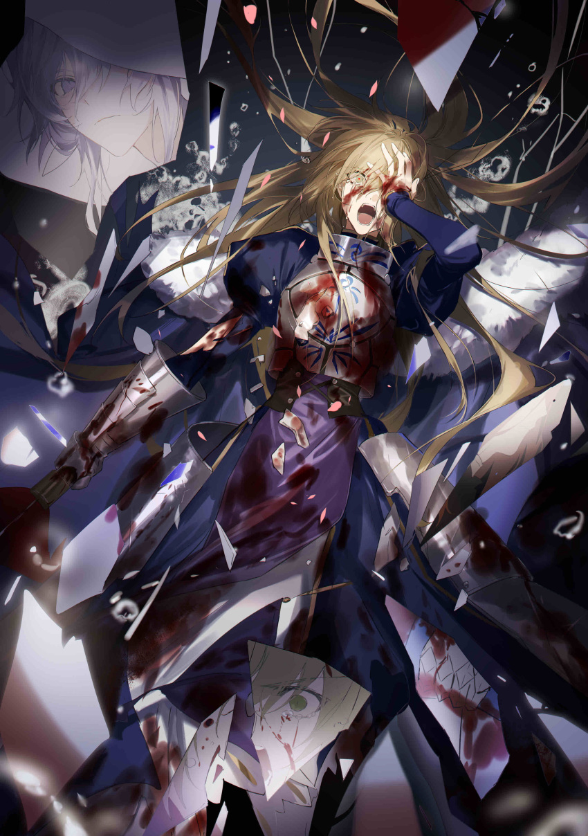 1boy 1girl absurdres armor armored_dress armored_gloves artoria_pendragon_(fate) blonde_hair blood blood_on_arm blood_on_face blood_on_hands blue_dress bsq closed_mouth crying dress fate/grand_order fate/stay_night fate_(series) fur glass green_eyes grey_hair hand_on_own_face highres long_dress long_hair long_sleeves merlin_(fate) one_eye_closed open_mouth red_eyes saber simple_background teeth violet_eyes water white_fur