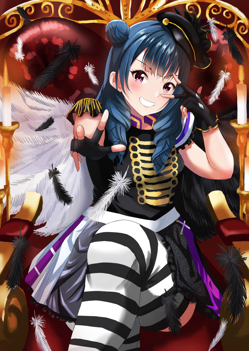 1girl absurdres angel_wings armchair bangs black_gloves black_headwear black_shirt blue_hair blunt_bangs blush chair commentary crossed_legs dark_blue_hair epaulettes falling_feathers fingerless_gloves foreshortening gloves grin hair_bun hair_over_shoulder hat highres long_hair looking_at_viewer love_live! love_live!_sunshine!! miniskirt momouninego outstretched_arm peaked_cap pink_eyes ringlets shirt single_side_bun sitting skirt smile solo striped striped_thighhighs tatehoko_tsubasa teeth thigh-highs tilted_headwear tsushima_yoshiko two-tone_wings v-shaped_eyebrows v_over_eye w wings