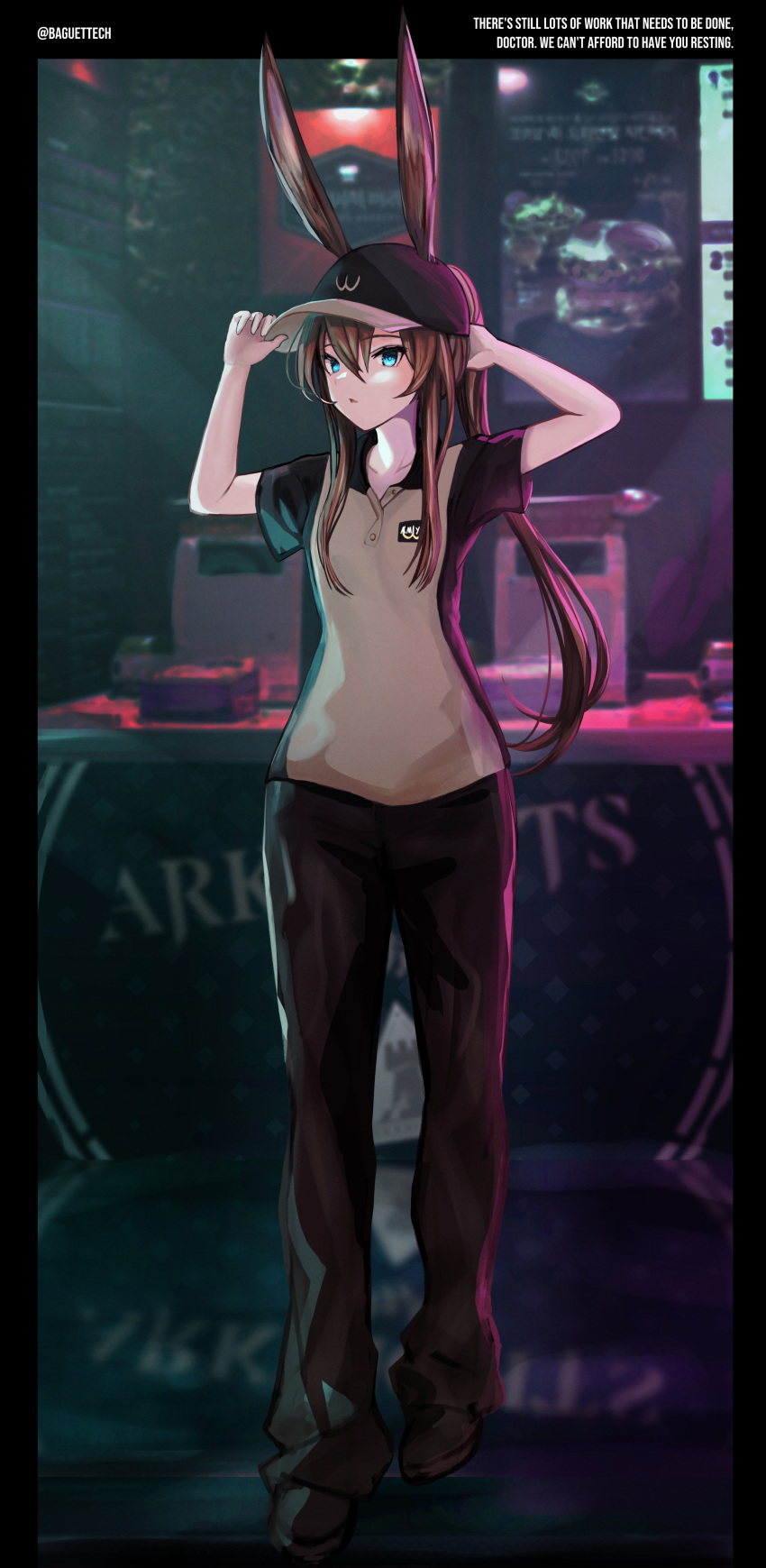 1girl absurdres amiya_(arknights) animal_ears arknights baseball_cap black_headwear black_pants blue_eyes brown_hair brown_shirt cash_register ears_through_headwear full_body hair_between_eyes hand_on_headwear hat highres long_hair looking_at_viewer mcdonald's menu_board name_tag pants parted_lips rabbit_ears rabbit_girl shirt short_sleeves solo standing suprakill