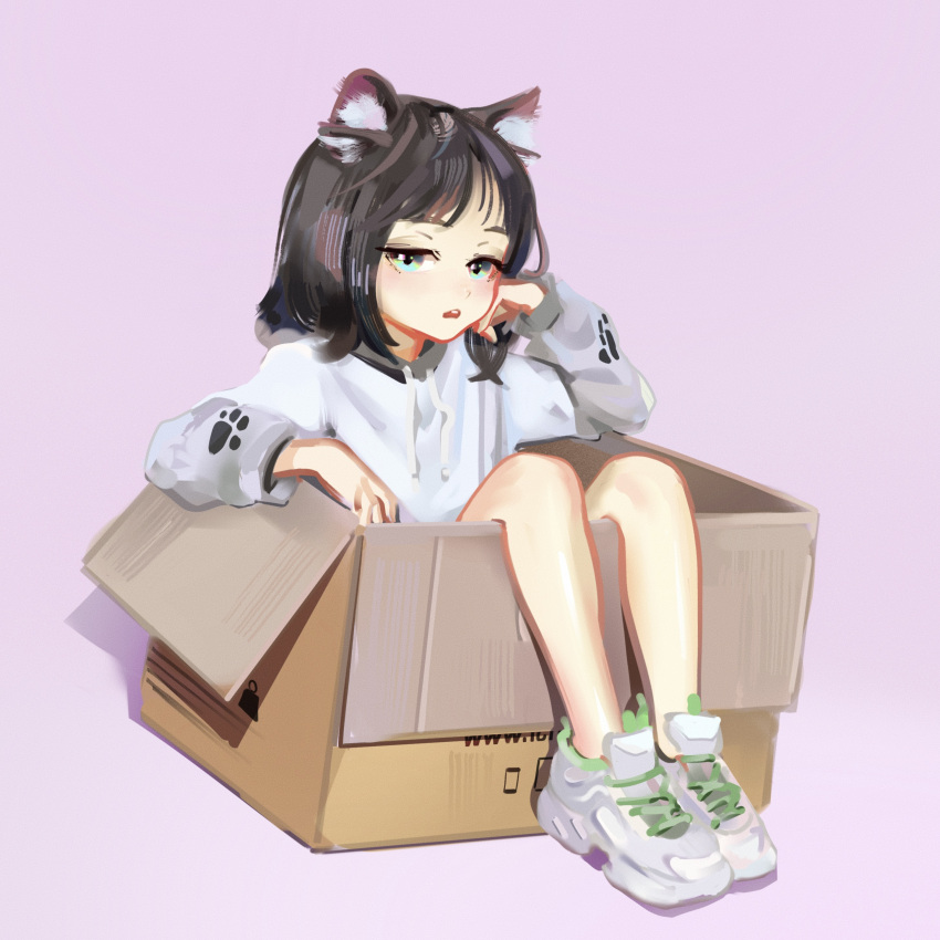 1girl absurdres animal_ear_fluff animal_ears bangs bare_legs blue_eyes box brown_hair cardboard_box cat_ears cat_girl child co_ti_(sweetonedollar) commentary drawstring female_child highres hood hood_down hoodie in_box in_container long_sleeves looking_at_viewer medium_hair original parted_lips paw_print pink_background shoes simple_background sitting sneakers solo sweetonedollar white_footwear white_hoodie