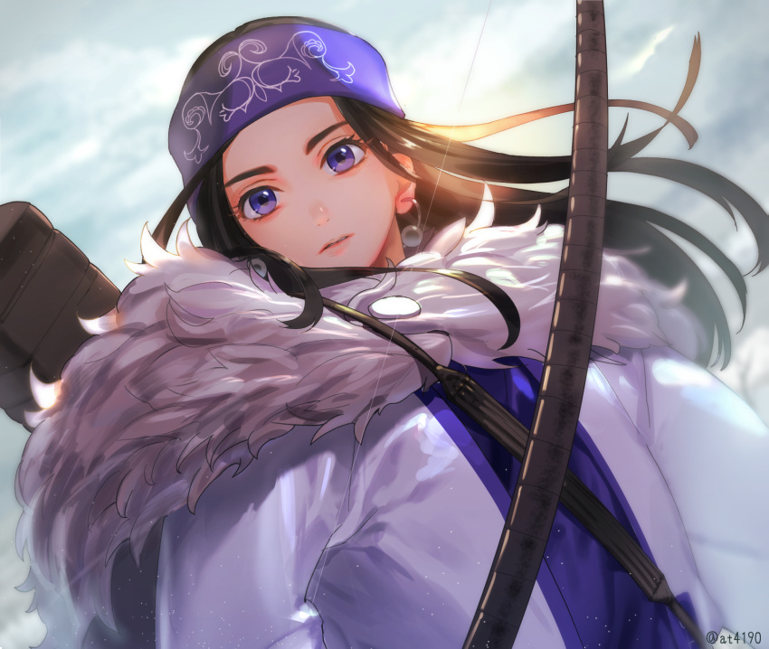 1girl ainu ainu_clothes asirpa at4190_(user_vzac7788) bow_(weapon) clouds cloudy_sky coat earrings fur_collar golden_kamuy headband highres holding holding_bow_(weapon) holding_weapon jewelry lips long_hair long_sleeves looking_at_viewer outdoors parted_lips sky solo violet_eyes weapon white_coat winter_clothes winter_coat