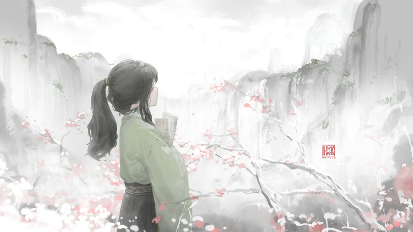 1girl absurdres black_hair book chinese_clothes cliff closed_eyes green_shirt hanfu highres holding holding_book hua_ming_wink medium_hair original petals ponytail shirt sidelocks solo standing tree water waterfall wide_sleeves