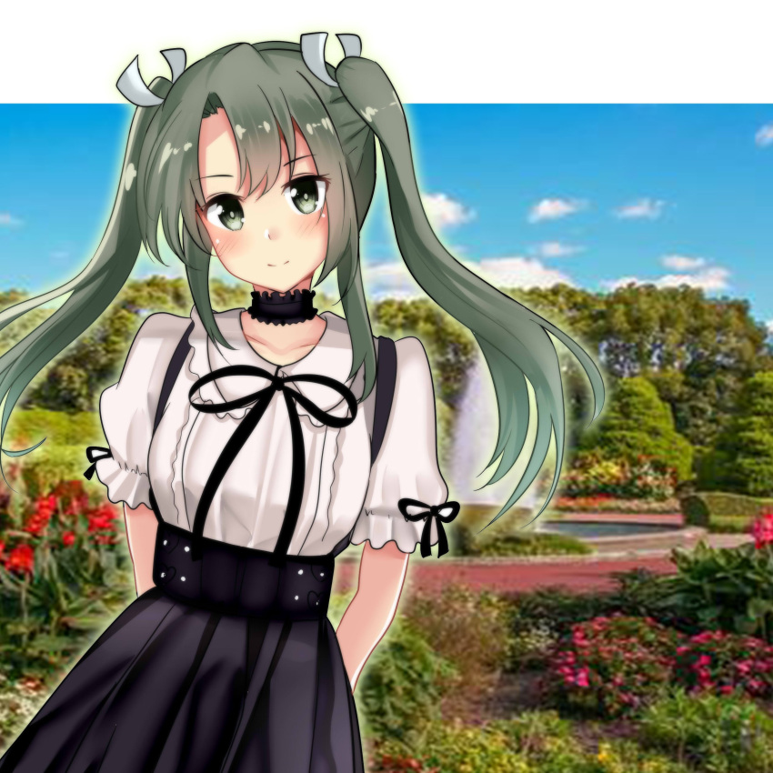 1girl absurdres alternate_costume arms_behind_back black_skirt blue_sky clouds commentary_request cowboy_shot dark_green_hair garden green_eyes highres himura_moritaka kantai_collection long_hair looking_at_viewer photo_background shirt skirt sky solo suspenders twintails white_shirt zuikaku_(kancolle)