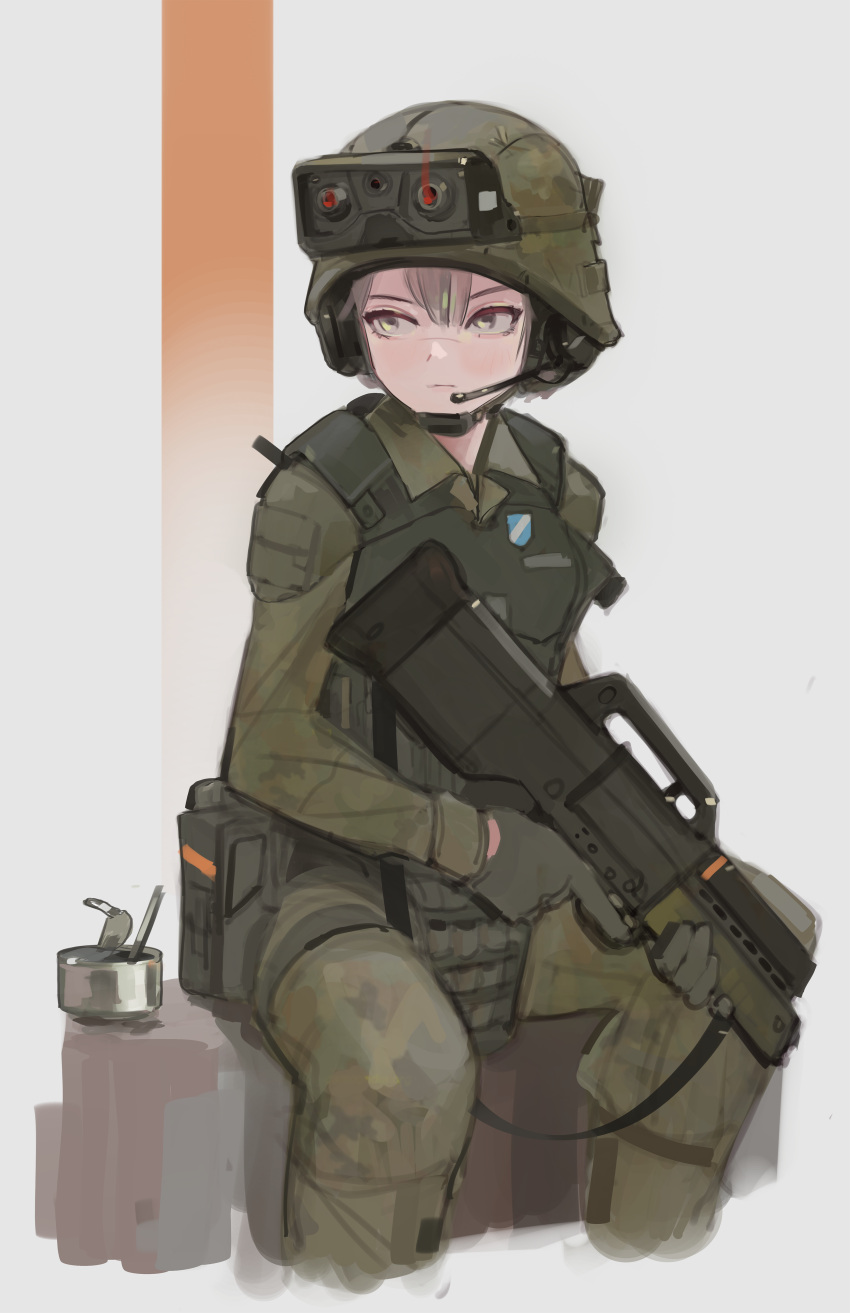 1girl absurdres ammunition_pouch armor assault_rifle brown_hair can canned_food cropped_legs goggles goggles_on_head grey_eyes gun helmet highres looking_away looking_to_the_side military military_uniform original polilla pouch rifle sitting solo uniform weapon