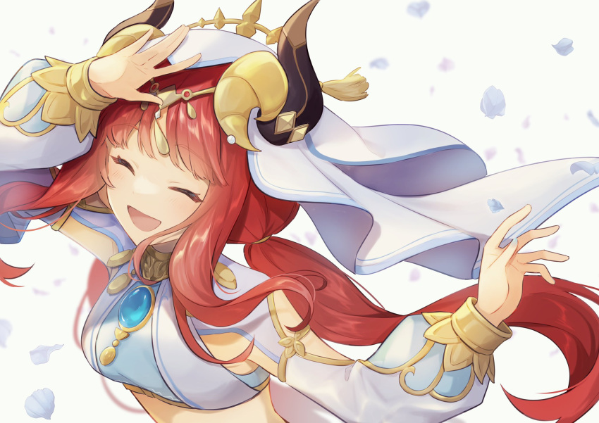 1girl ^_^ ^o^ arms_up bangs blunt_bangs breasts brooch closed_eyes crop_top detached_sleeves facing_viewer floating_hair forehead_jewel genshin_impact gold_trim happy highres jewelry long_hair long_sleeves low_twintails neck_ring nilou_(genshin_impact) open_mouth parted_bangs puffy_long_sleeves puffy_sleeves redhead shirase_(shirose) simple_background small_breasts smile solo twintails vambraces veil white_background