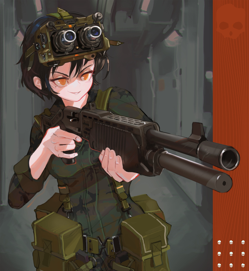 1girl absurdres ammunition_pouch belt black_hair gun hallway highres military military_uniform mole night_vision_device orange_eyes original polilla pouch short_hair shotgun skull sleeves_rolled_up solo spas-12 uniform weapon