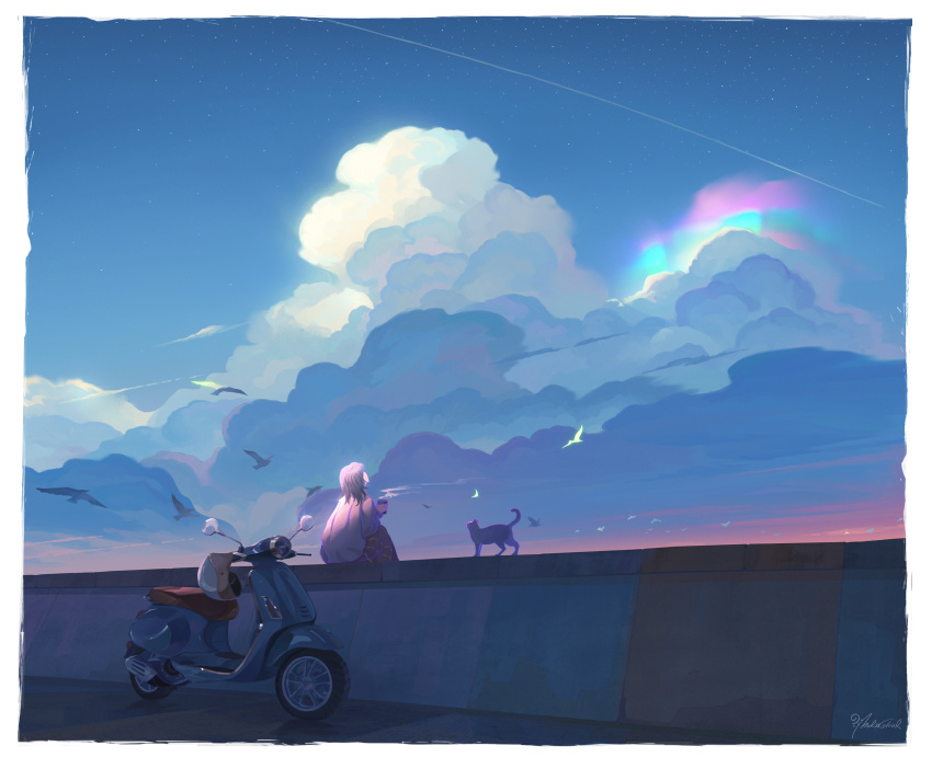 1girl absurdres animal bird blue_sky brown_hair cat clouds cumulonimbus_cloud cup ground_vehicle helmet highres holding holding_cup looking_up medium_hair morncolour motor_vehicle motorcycle original outdoors scenery sitting skirt sky steam sweater