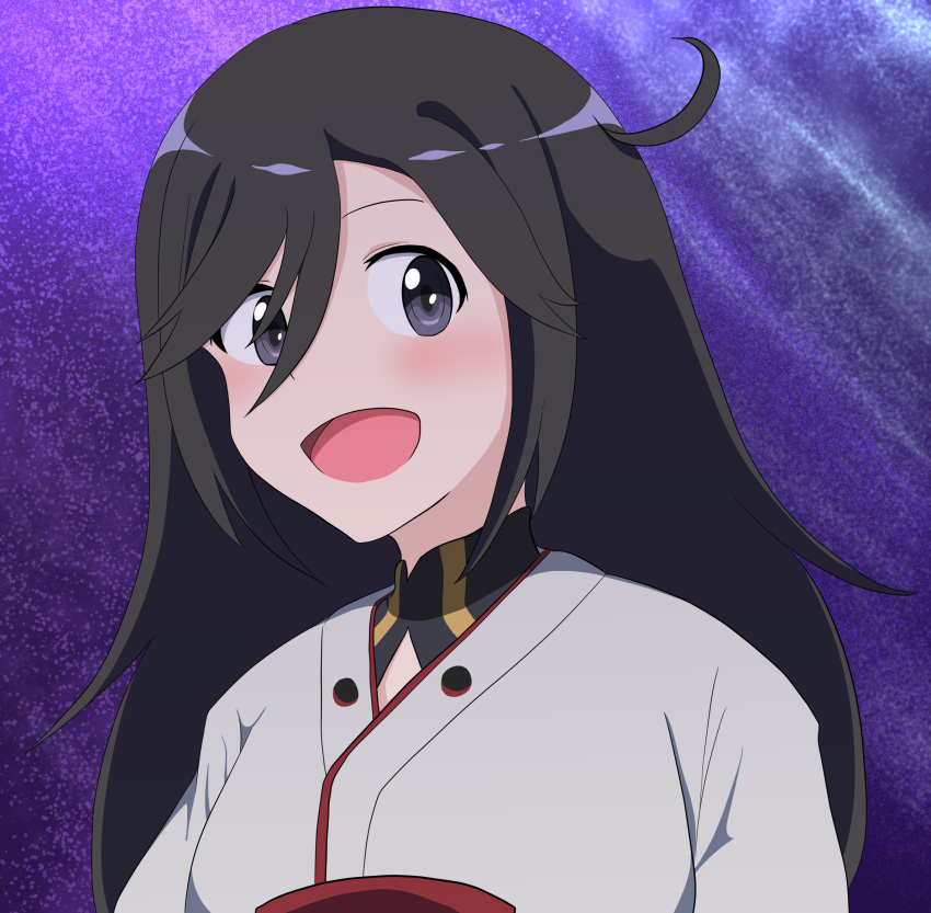 1girl :d bangs black_hair blush grey_eyes hair_between_eyes highres japanese_clothes long_hair long_sleeves looking_at_viewer luminous_witches night night_sky nishisugi_tomomi open_mouth sky smile solo star_(sky) starry_sky upper_body wanwan_0301 world_witches_series