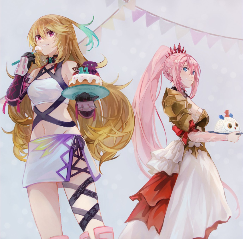 2girls arm_guards armor birthday_cake blonde_hair blue_eyes breastplate cake dress eating food gloves highres holding holding_plate long_hair looking_at_viewer milla_maxwell multiple_girls pauldrons pink_hair plate ponytail red_eyes shionne_(tales) shoulder_armor smile tales_of_(series) tales_of_arise tales_of_xillia umizora478