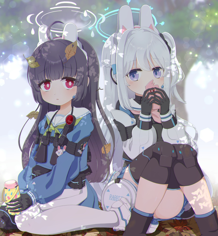 absurdres animal_ears binoculars black_footwear black_gloves black_hair black_undershirt blue_archive blue_serafuku blue_shirt blue_skirt boots bright_pupils detached_sleeves elbow_pads fake_animal_ears gloves green_neckerchief halo highres knee_pads kokolokokomika leaf leaf_on_head long_hair miyako_(blue_archive) miyu_(blue_archive) neckerchief one_side_up pantyhose pink_gloves pink_neckerchief pouch rabbit_ears red_eyes sailor_collar school_uniform serafuku shirt shoes single_knee_pad skirt sneakers twig two-tone_gloves two-tone_skirt violet_eyes white_footwear white_hair white_pantyhose white_pupils white_sailor_collar white_skirt