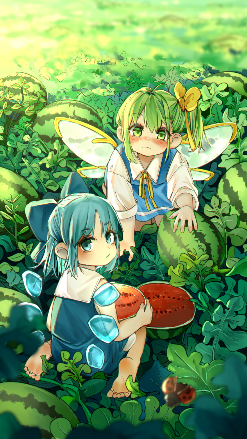 2girls :/ absurdres barefoot blue_bow blue_dress blue_eyes blue_hair blush bow bug cirno closed_mouth collared_dress collared_shirt commentary daiyousei detached_wings dress fairy_wings field fingernails food frown fruit green_eyes green_hair hair_bow highres holding holding_food ice ice_wings kneeling kourou_(kouroukun) ladybug leaf long_sleeves looking_at_viewer looking_back medium_hair multiple_girls one_side_up shirt sitting sleeveless sleeveless_dress touhou wariza watermelon white_shirt wings yellow_bow