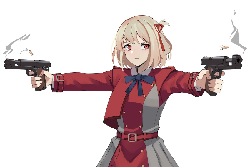 1girl bangs blonde_hair dual_wielding finger_on_trigger firing gar32 gun hair_ribbon handgun highres holding holding_gun holding_weapon lycoris_recoil lycoris_uniform nishikigi_chisato red_eyes red_ribbon ribbon shell_casing short_hair solo weapon weapon_request white_background