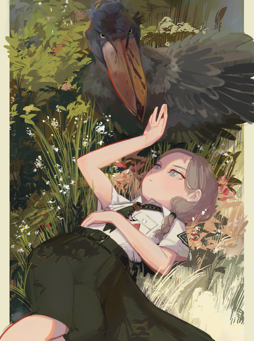 1girl absurdres bird blue_eyes braid closed_mouth grass green_belt green_necktie green_skirt grey_hair hand_up highres lying military military_uniform necktie on_back original polilla shirt shoebill short_sleeves skirt solo uniform white_shirt