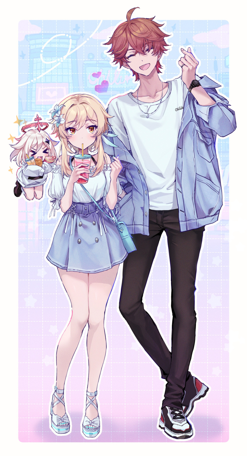 &gt;_&lt; 1boy 2girls :d absurdres ahoge alternate_costume bangs black_panties black_pants blonde_hair blue_jacket blue_nails blue_skirt breast_pocket brown_hair casual character_name closed_eyes collarbone cowboy_shot crepe crossed_bangs cup disposable_cup dot_nose drinking_straw_in_mouth food full_body genshin_impact hair_ornament halo hand_in_pocket hand_up heart height_difference highres holding holding_cup holding_food jacket jewelry legs_apart multiple_girls nail_polish natsukko_0606 necklace open_clothes open_jacket open_mouth orange_eyes panties pants pocket redhead ring sandals shirt shoes short_hair_with_long_locks simple_background skirt smile sneakers standing tartaglia_(genshin_impact) toenail_polish toenails underwear watch white_shirt