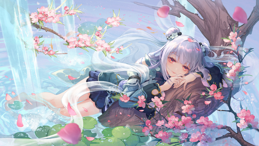 1girl bare_legs bare_shoulders barefoot chinese_clothes detached_sleeves double_bun falling_petals fish flower full_body goldfish green_sleeves grey_flower hair_bun hair_flower hair_in_mouth hair_ornament highres leaf lily_pad long_hair looking_at_viewer lying miniskirt nebula_beat official_art on_side partially_immersed partially_submerged peach_blossom peach_tree petals pink_flower purple_hair purple_skirt red_eyes ribbon skirt smile solo tang_jiuxia transparent_ribbon tree very_long_hair water waterfall wide_sleeves